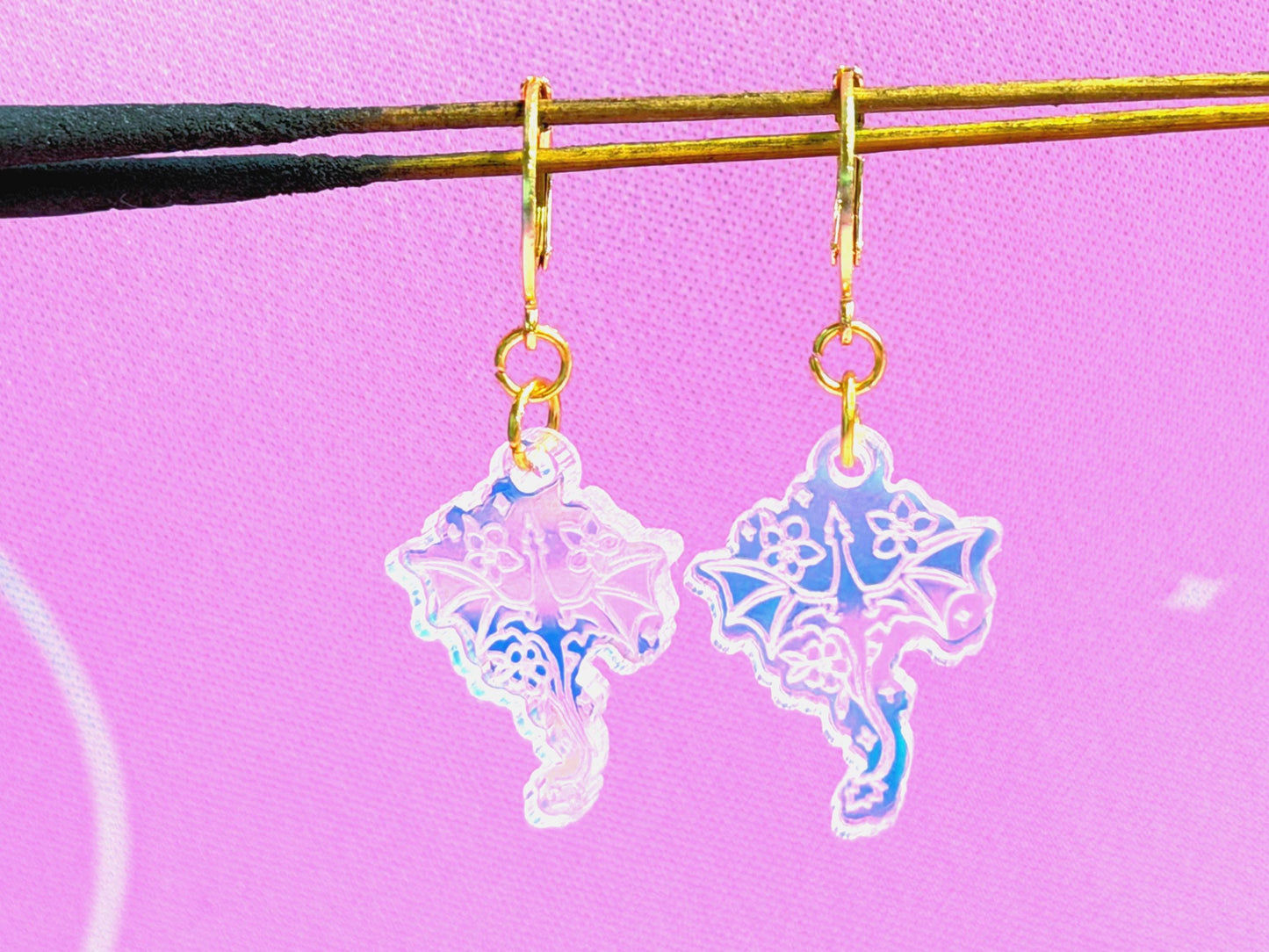 Floral Dragon Earrings: Acrylic Iridescent Dangle Hoop or Hook Style