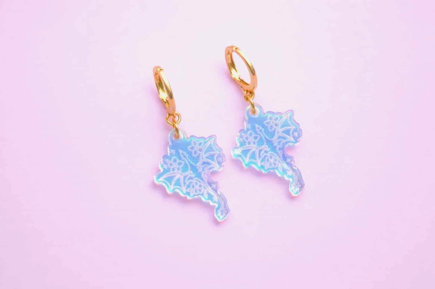 Floral Dragon Earrings: Acrylic Iridescent Dangle Hoop or Hook Style