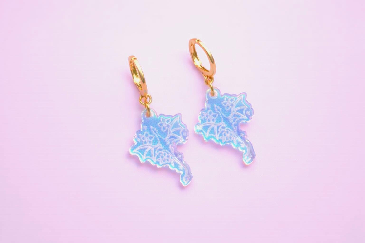Floral Dragon Earrings: Acrylic Iridescent Dangle Hoop or Hook Style