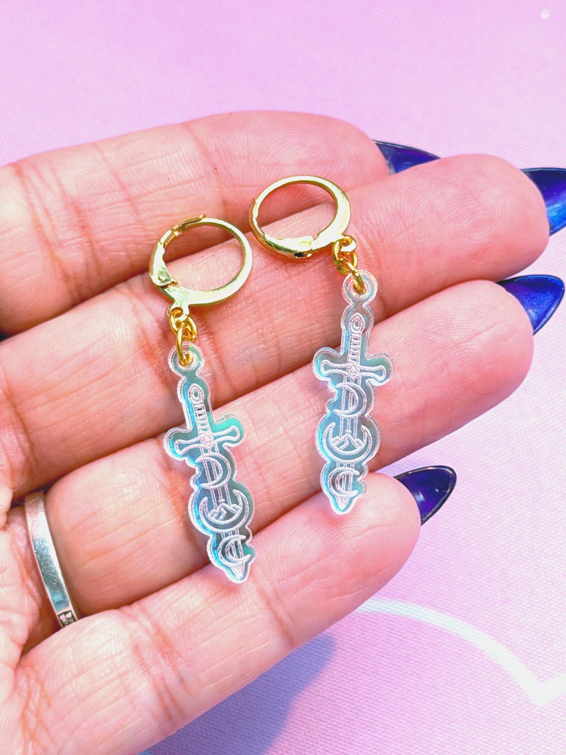 Celestial Dagger Earrings for Book Lovers: Acrylic Iridescent Dangle Hoop or Hook Style