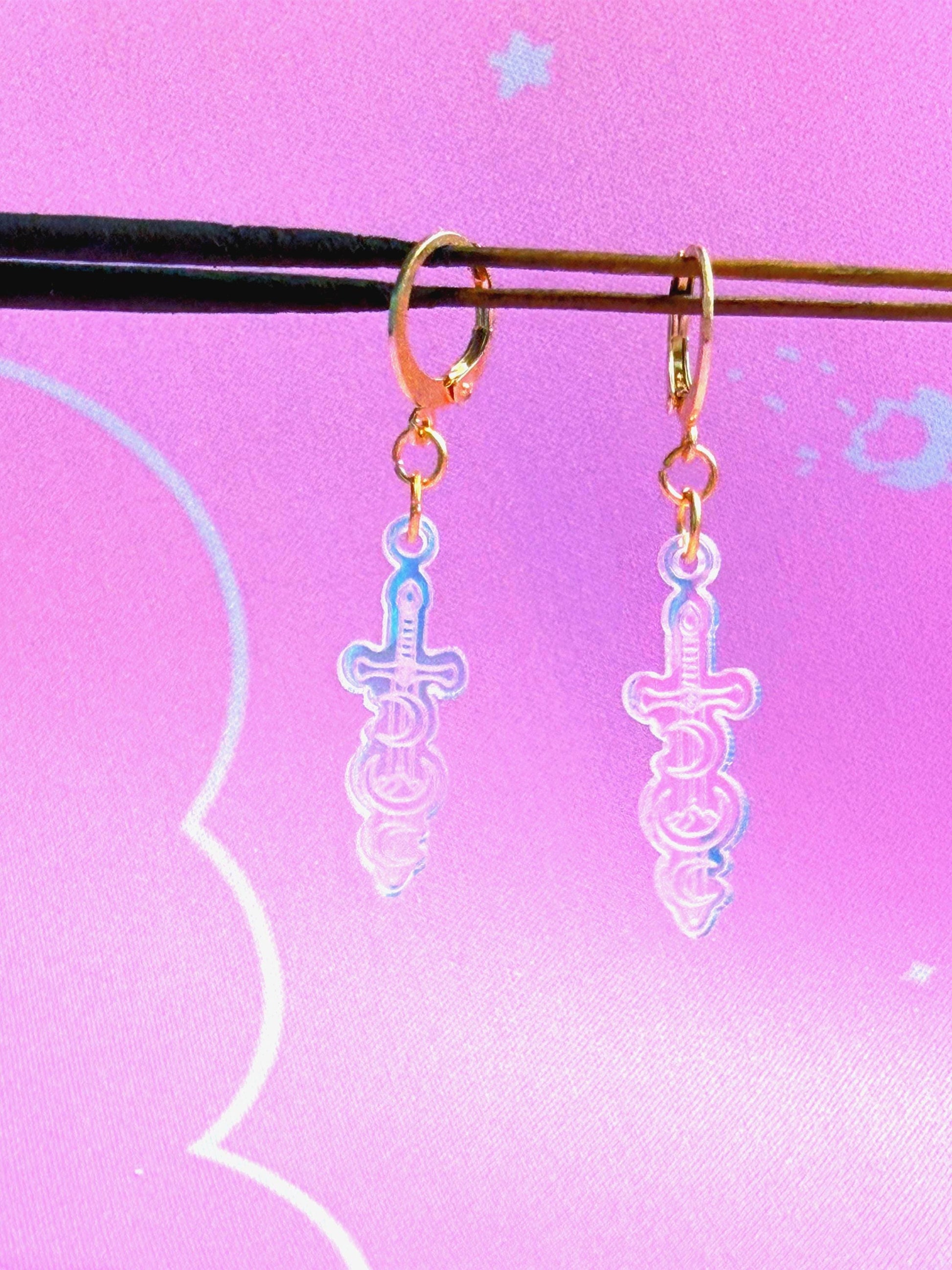 Celestial Dagger Earrings for Book Lovers: Acrylic Iridescent Dangle Hoop or Hook Style