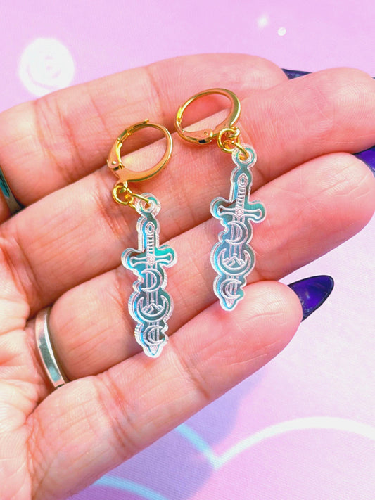 Celestial Dagger Earrings for Book Lovers: Acrylic Iridescent Dangle Hoop or Hook Style