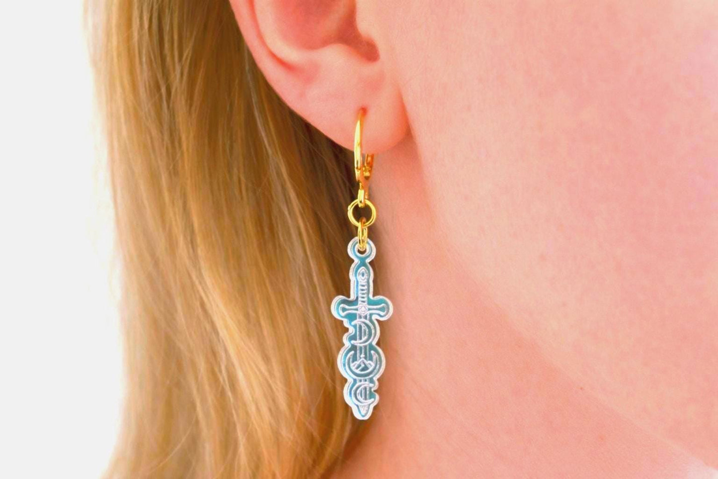Celestial Dagger Earrings for Book Lovers: Acrylic Iridescent Dangle Hoop or Hook Style