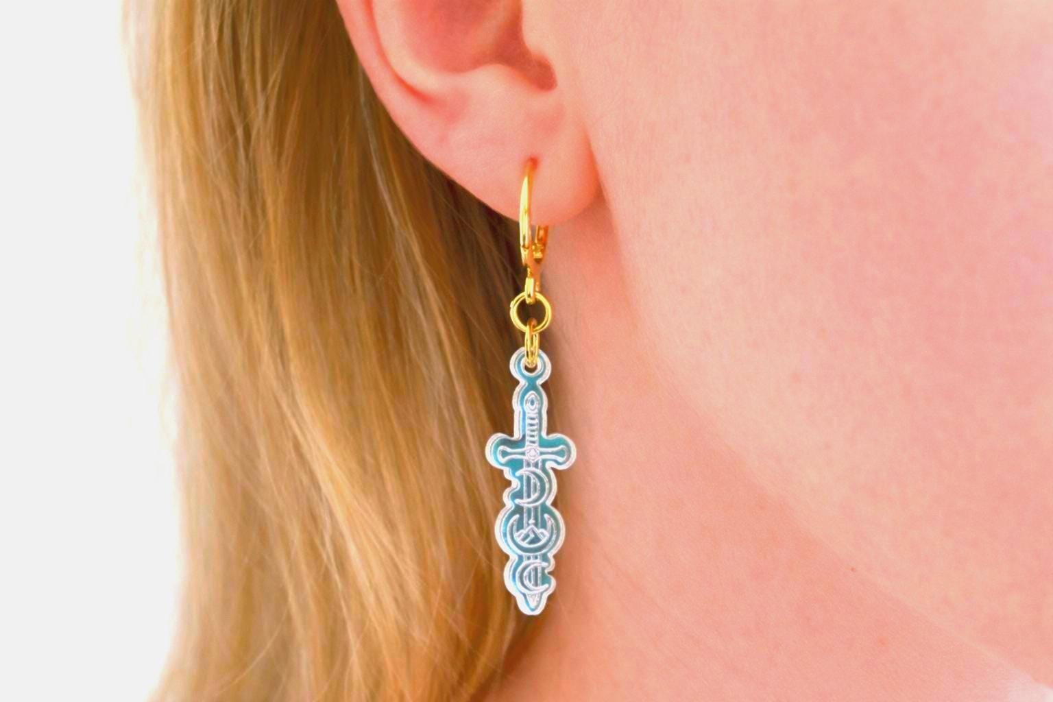 Celestial Dagger Earrings for Book Lovers: Acrylic Iridescent Dangle Hoop or Hook Style
