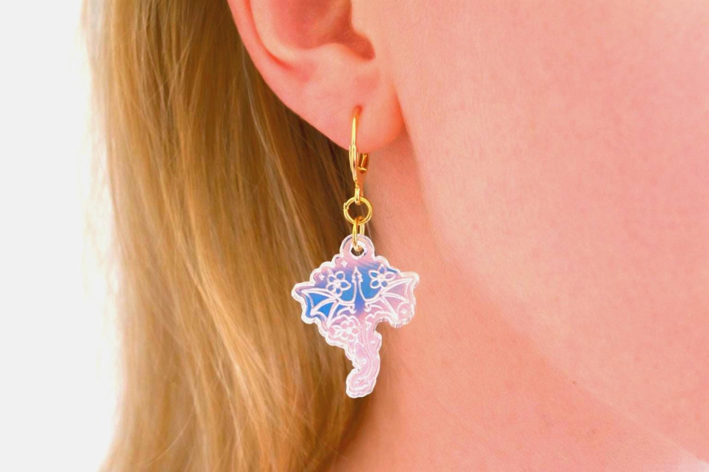 Floral Dragon Earrings: Acrylic Iridescent Dangle Hoop or Hook Style