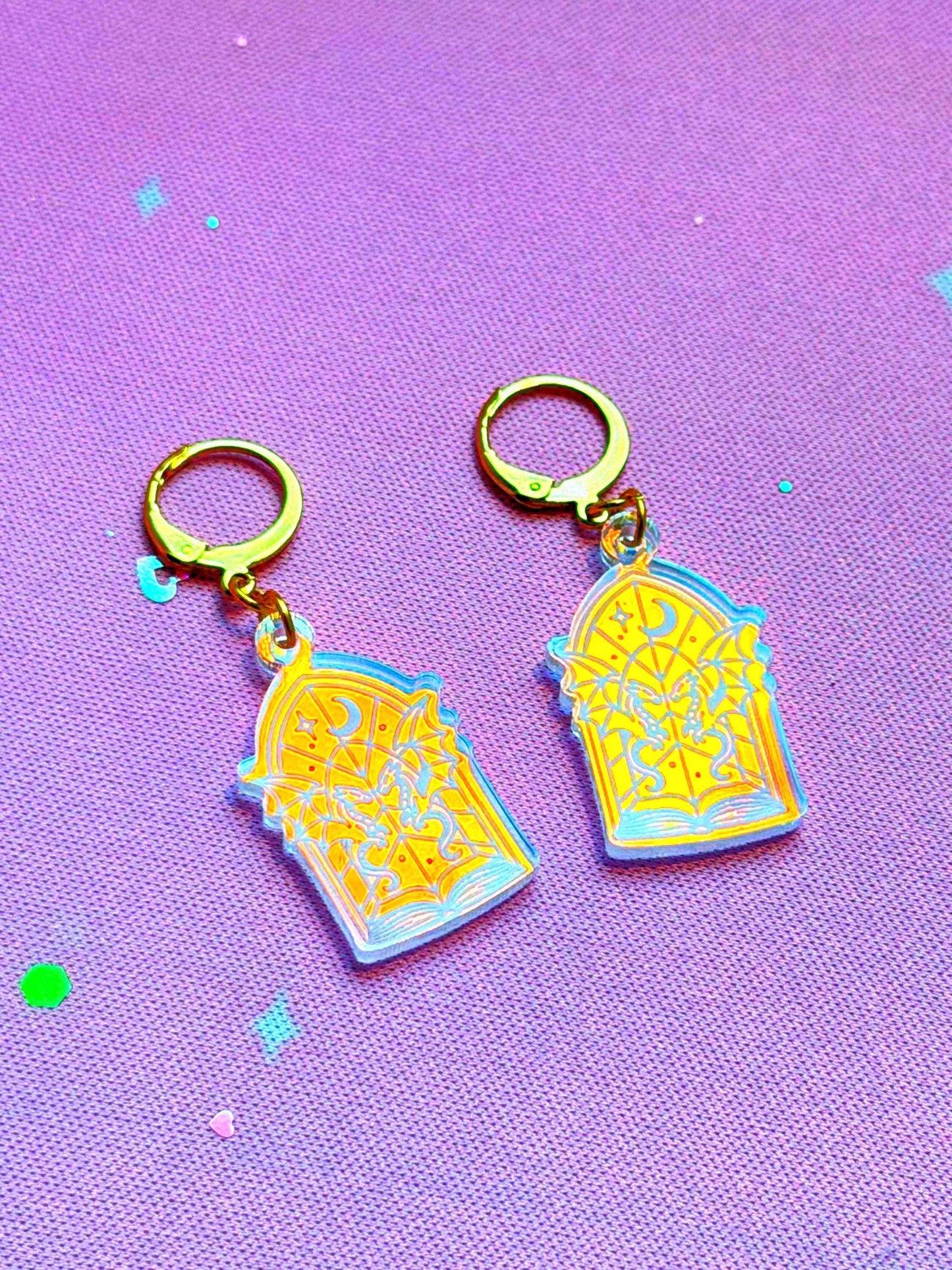 Celestial Dagger Earrings for Book Lovers: Acrylic Iridescent Dangle Hoop or Hook Style