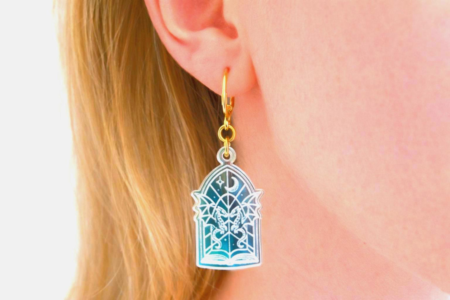 Celestial Dagger Earrings for Book Lovers: Acrylic Iridescent Dangle Hoop or Hook Style
