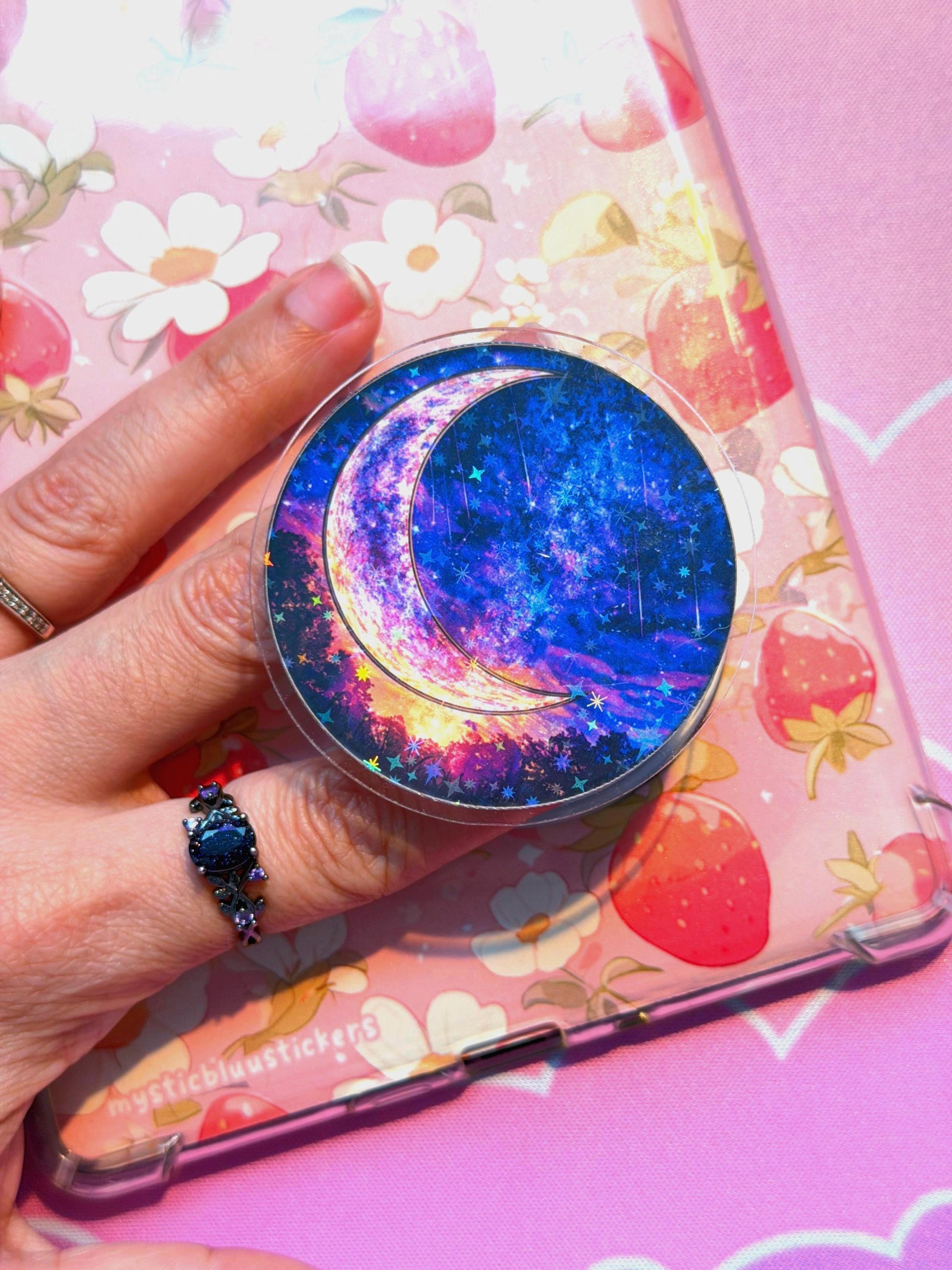 Celestial Moon MagSafe Kindle Grip: Holographic 2D Night Sky Phone Grip