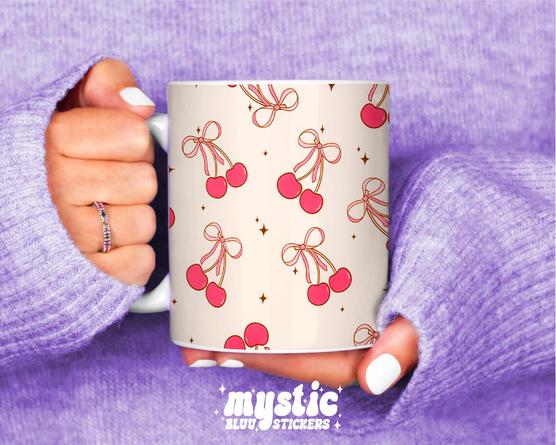 Cherry Bows Coffee Mug with Matching Coaster, Pink Sparkles Design
