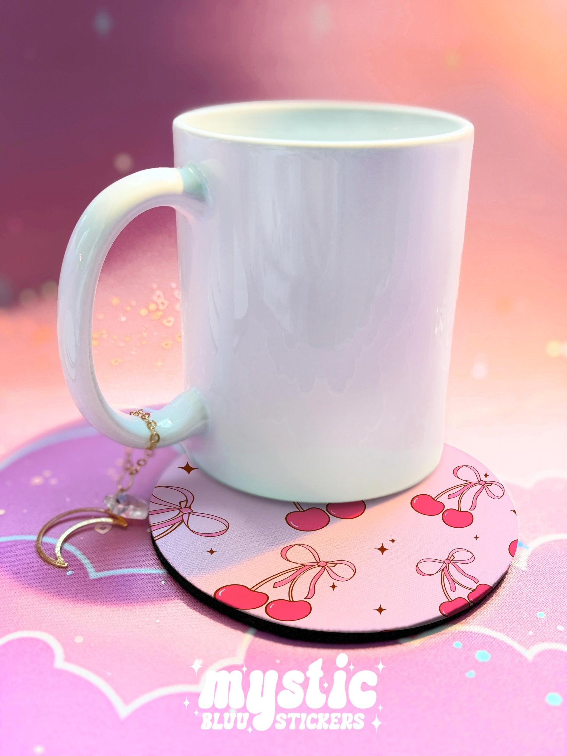 Cherry Bows Coffee Mug with Matching Coaster, Pink Sparkles Design
