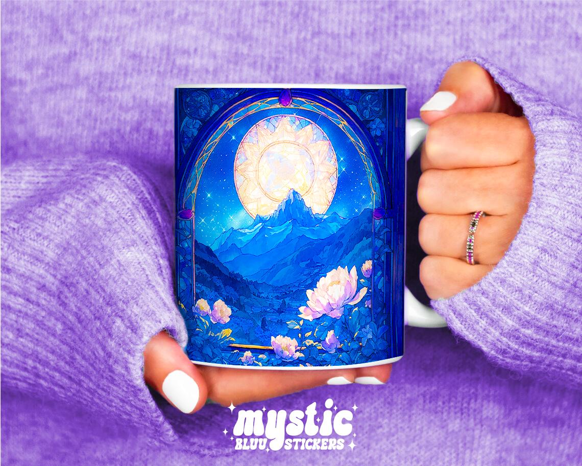 Book Lover Fantasy Coffee Mug 11oz, Celestial Moon Mountain Mug, Cozy Reader Gift