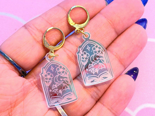 Fantasy Book Earrings: Acrylic Iridescent Bats Dangle Hoop or Hook Style