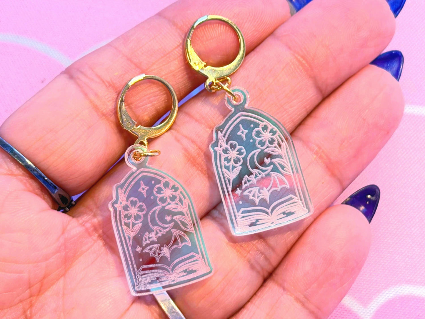 Fantasy Book Earrings: Acrylic Iridescent Bats Dangle Hoop or Hook Style