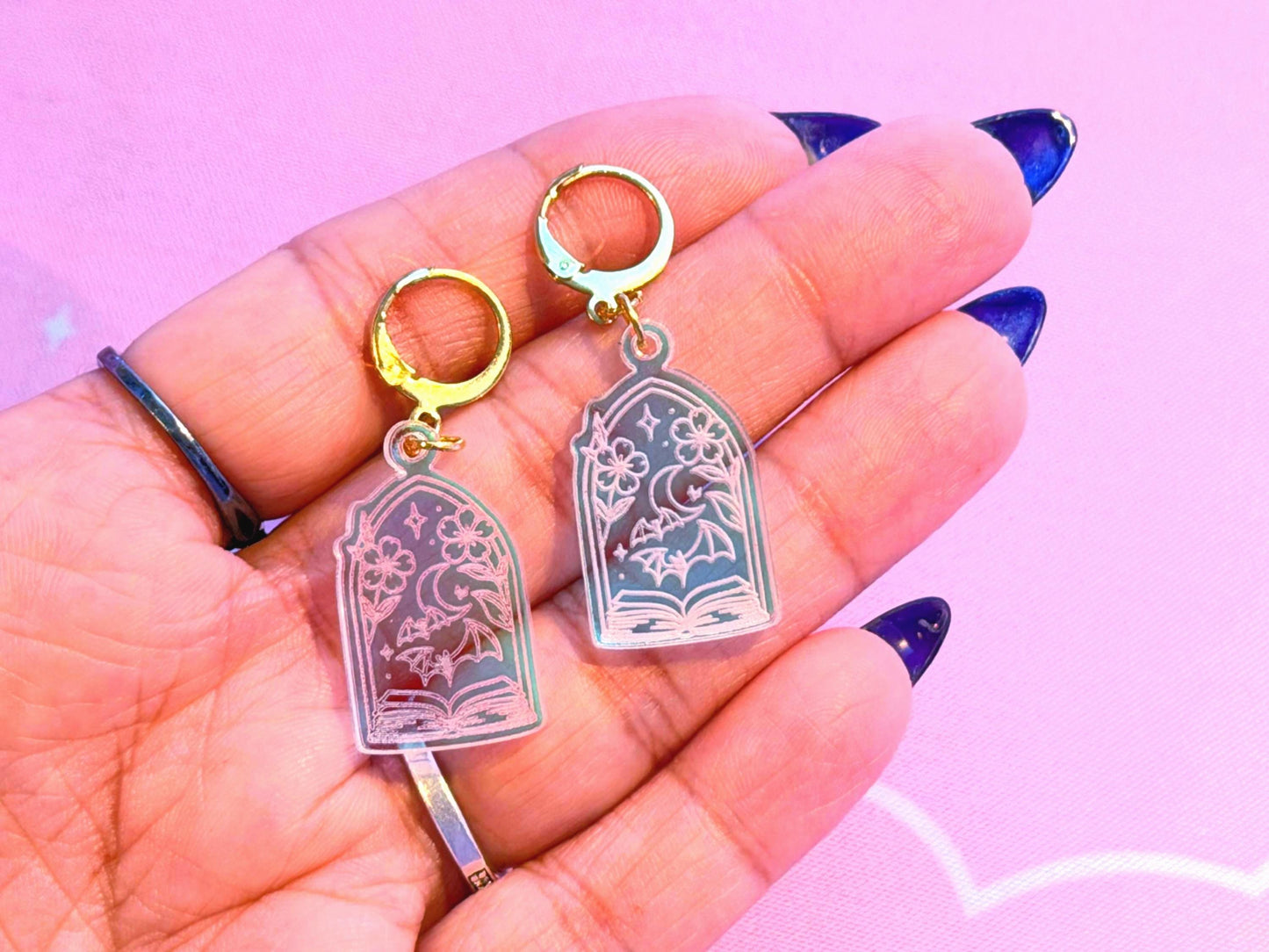 Fantasy Book Earrings: Acrylic Iridescent Bats Dangle Hoop or Hook Style