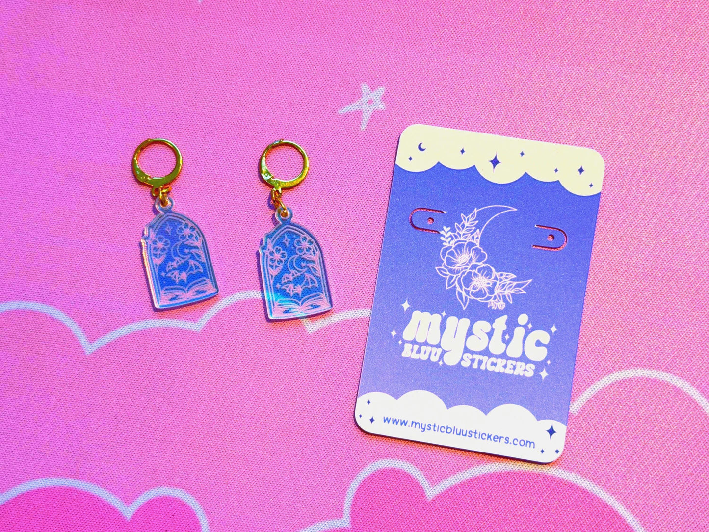 Fantasy Book Earrings: Acrylic Iridescent Bats Dangle Hoop or Hook Style