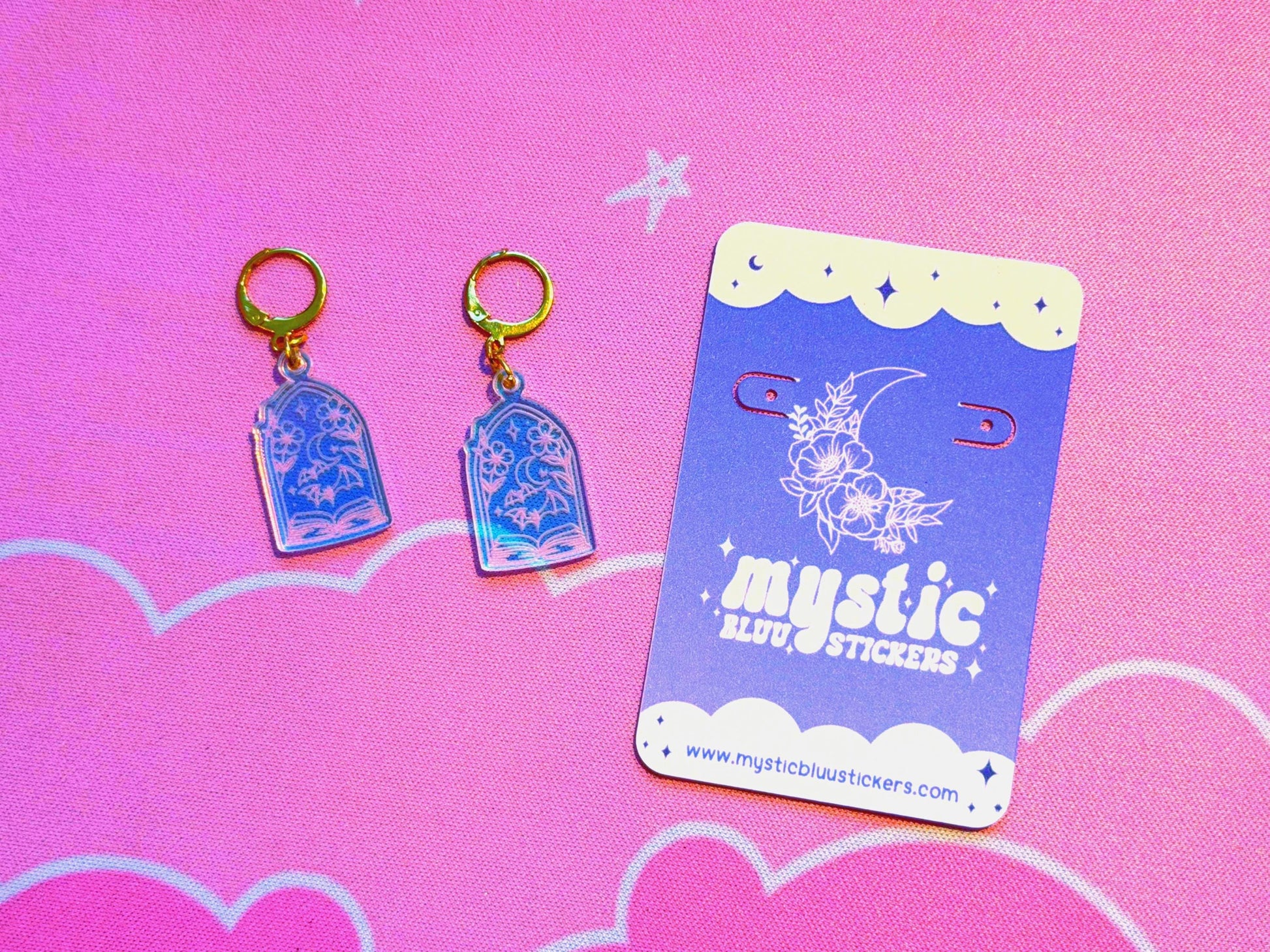 Fantasy Book Earrings: Acrylic Iridescent Bats Dangle Hoop or Hook Style