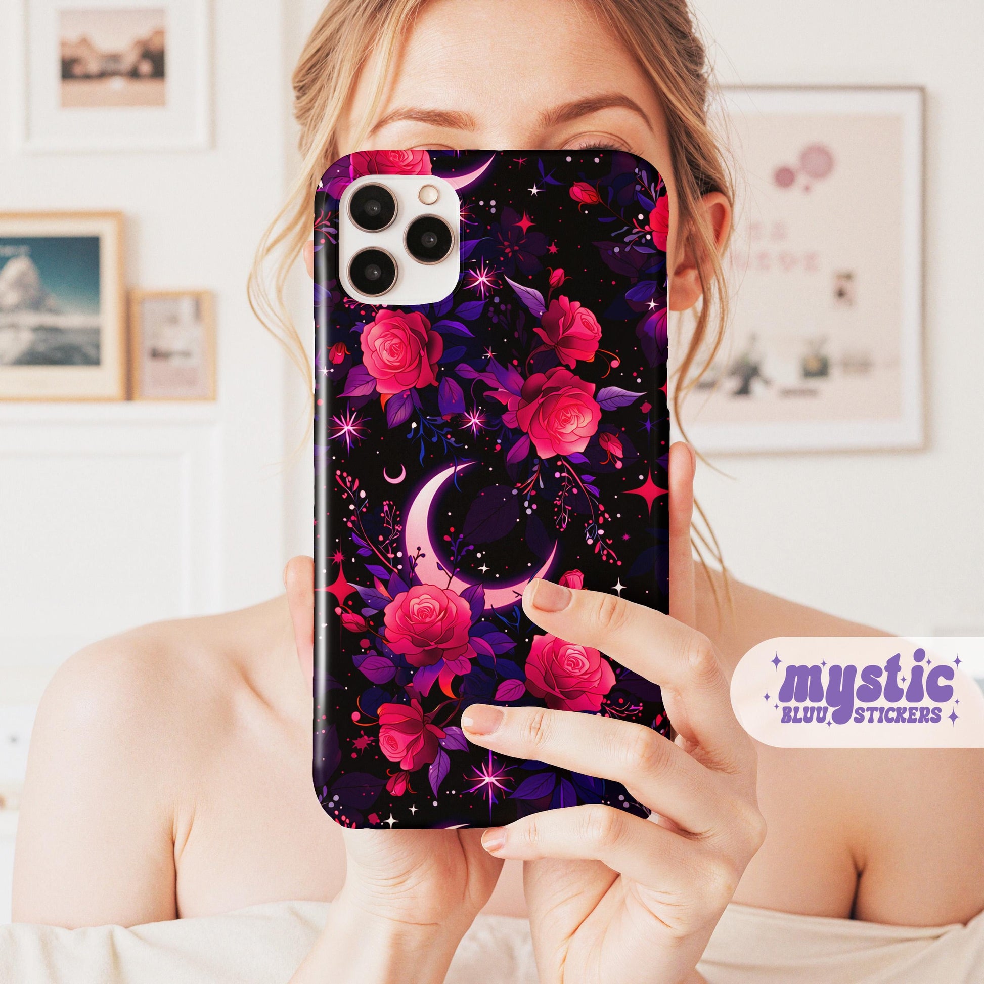 Celestial Moon Phone Case, Rose iPhone Cover iPhone 17 16 15 14 Pro Max Samsung s23 s24 s25
