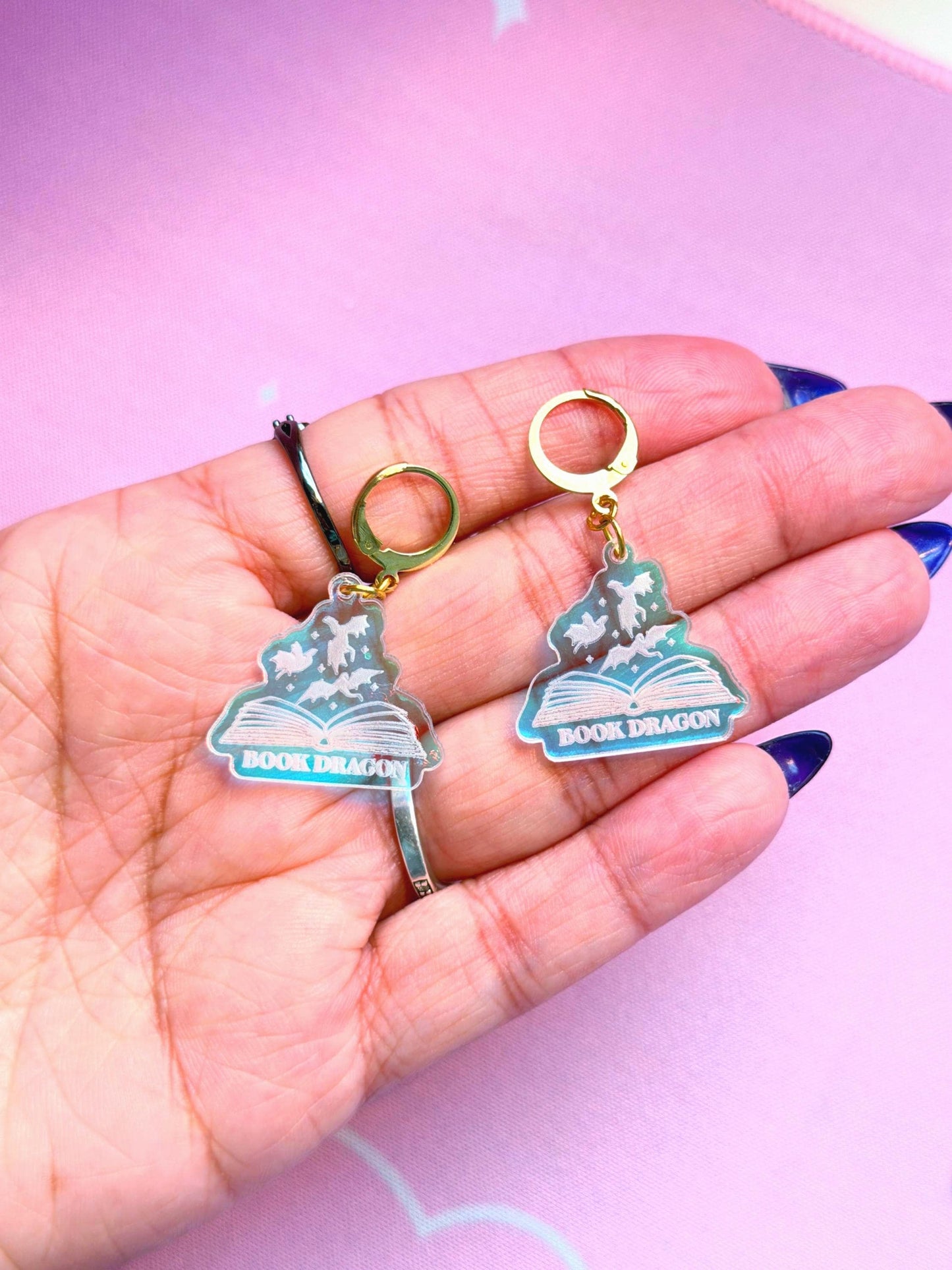 Book Dragon Fantasy Earrings – Iridescent Acrylic Book Lover Jewelry, Lightweight Reader Dangles, Magical Gift for Readers