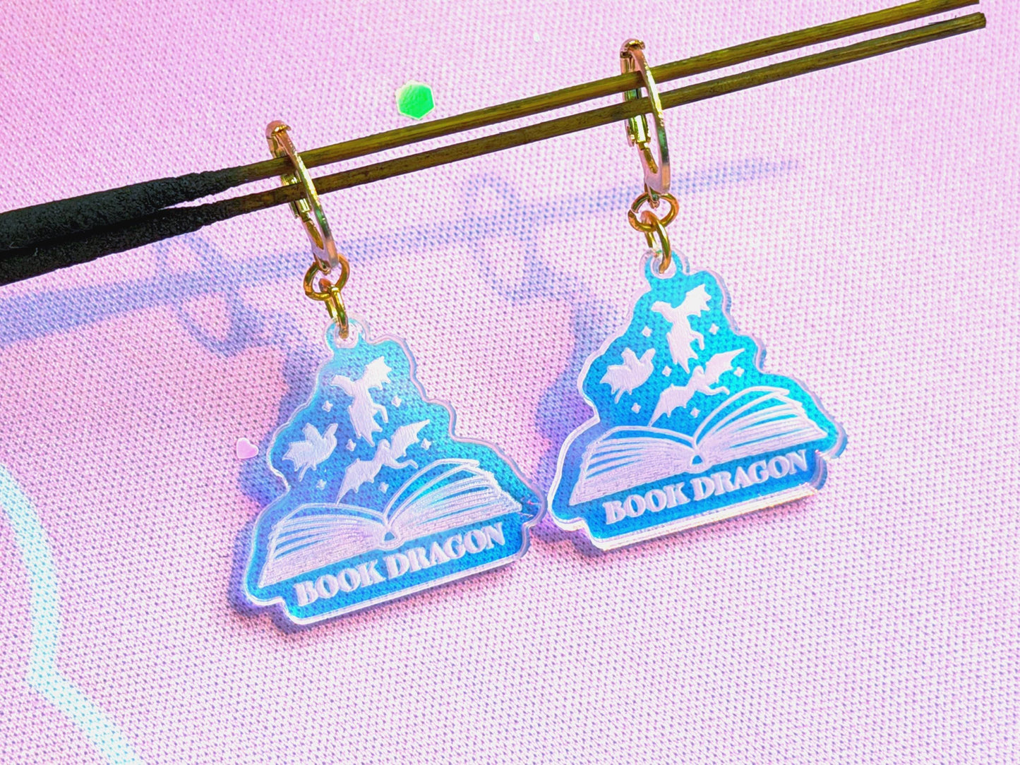 Book Dragon Fantasy Earrings – Iridescent Acrylic Book Lover Jewelry, Lightweight Reader Dangles, Magical Gift for Readers