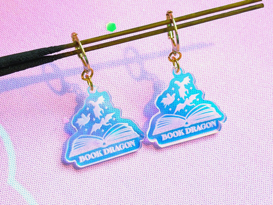 Book Dragon Fantasy Earrings – Iridescent Acrylic Book Lover Jewelry, Lightweight Reader Dangles, Magical Gift for Readers
