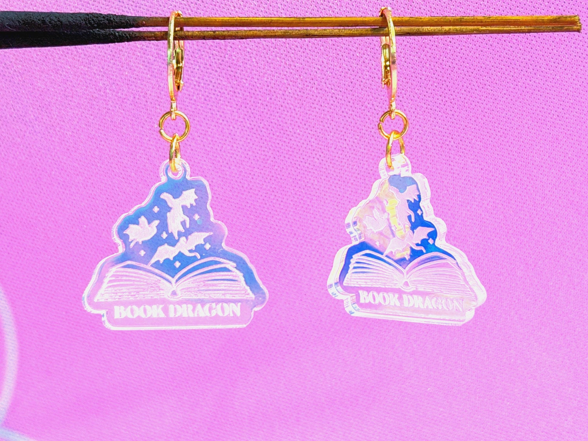 Book Dragon Fantasy Earrings – Iridescent Acrylic Book Lover Jewelry, Lightweight Reader Dangles, Magical Gift for Readers