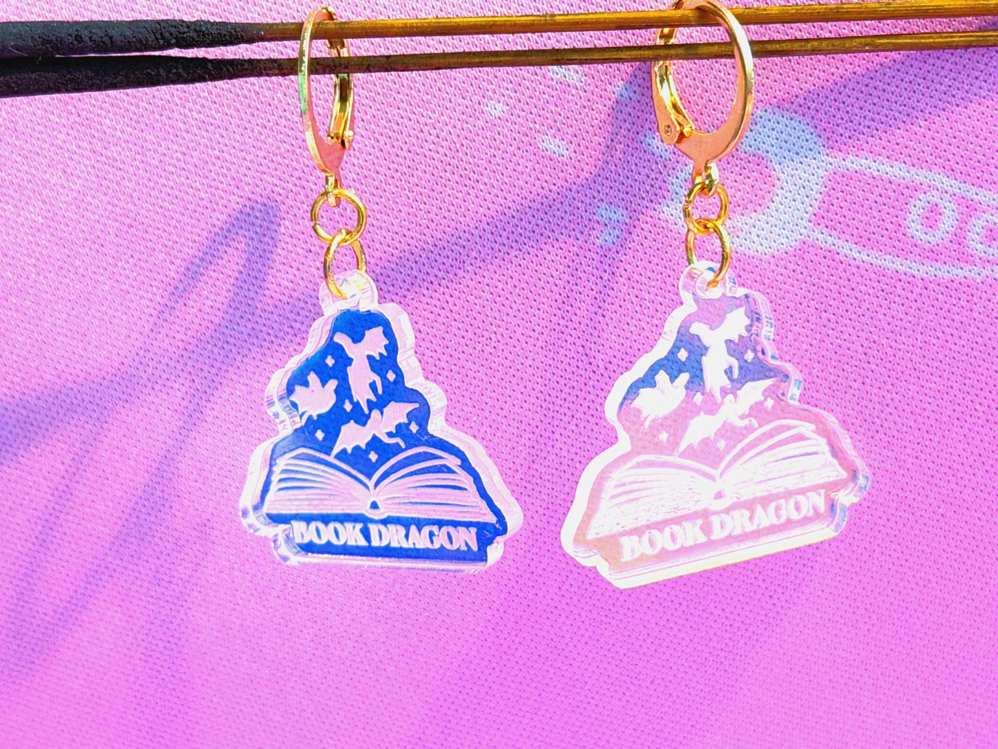 Book Dragon Fantasy Earrings – Iridescent Acrylic Book Lover Jewelry, Lightweight Reader Dangles, Magical Gift for Readers