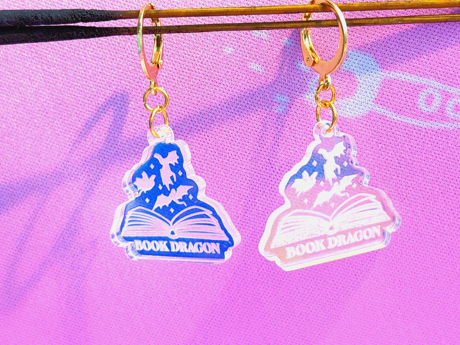 Book Dragon Fantasy Earrings – Iridescent Acrylic Book Lover Jewelry, Lightweight Reader Dangles, Magical Gift for Readers