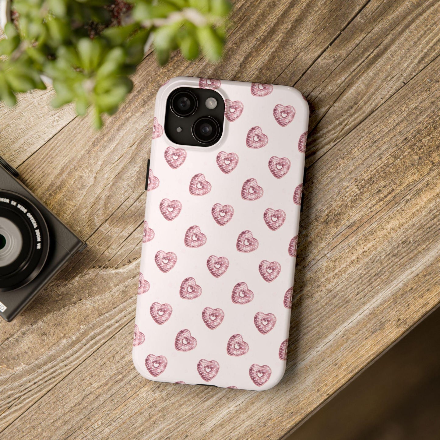 Pink Chocolate Heart Donut Phone Case, Cute iPhone Cover