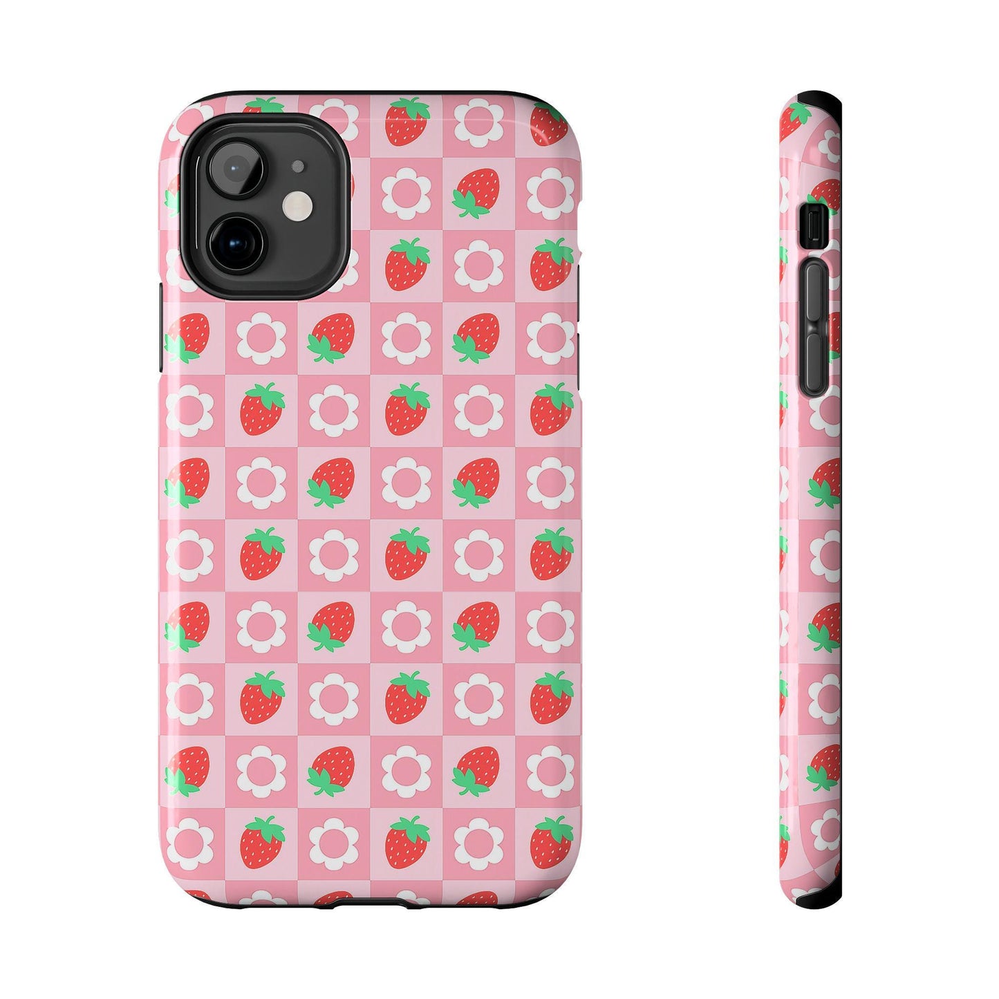 Strawberry Daisy Pink Checkered Phone Case, iPhone Cover