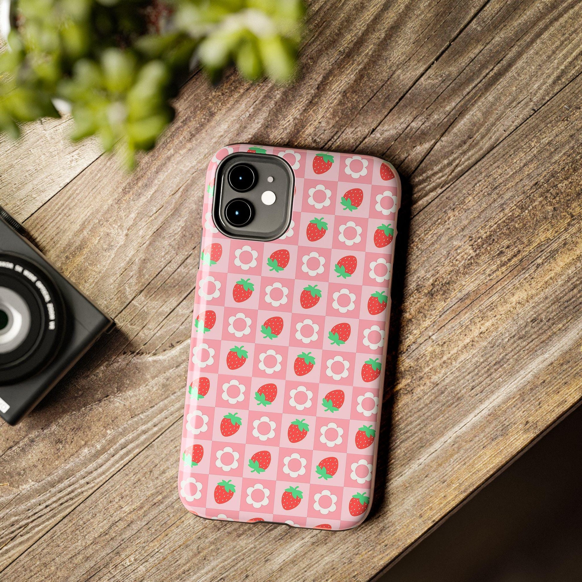 Strawberry Daisy Pink Checkered Phone Case, iPhone Cover