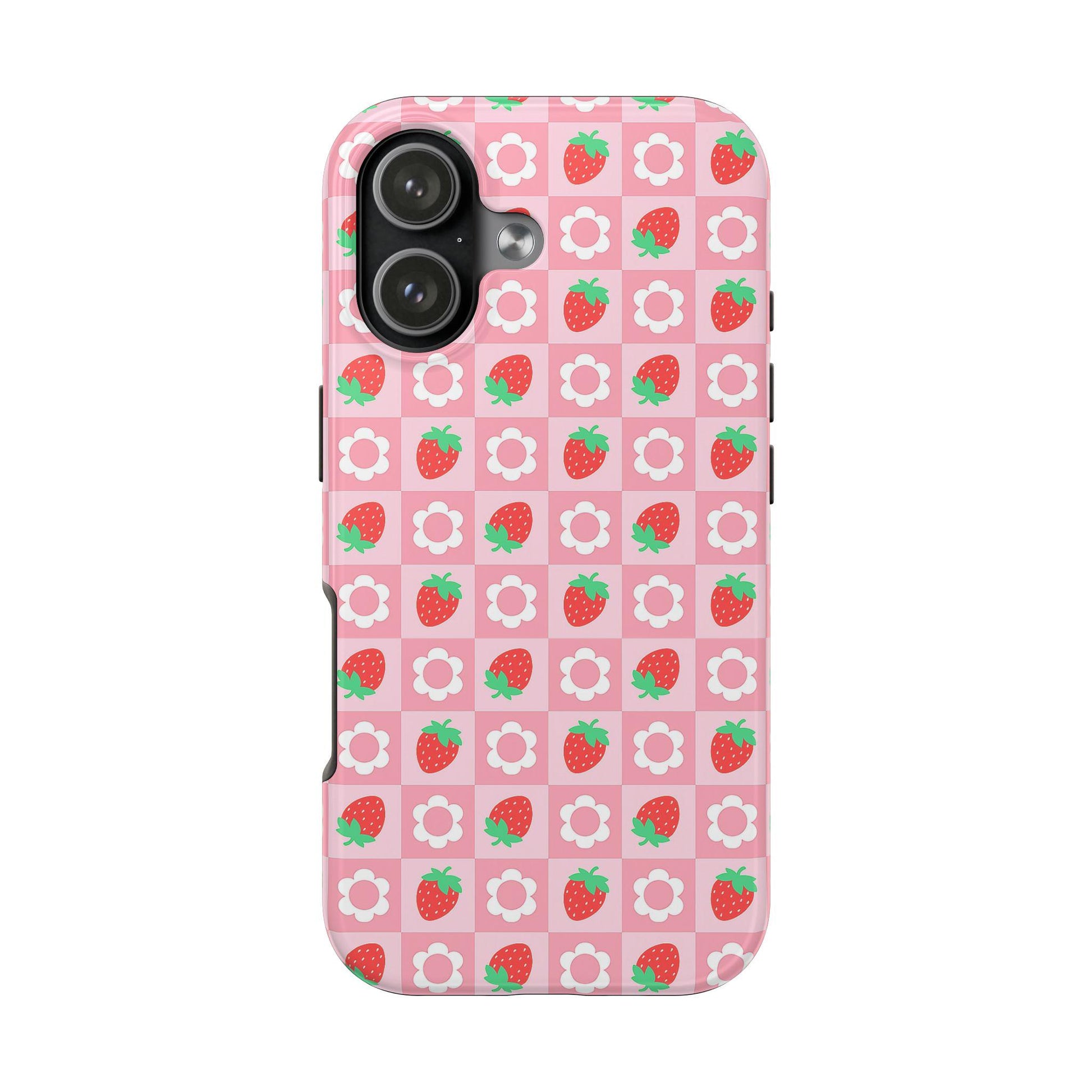 Strawberry Daisy Pink Checkered Phone Case, iPhone Cover