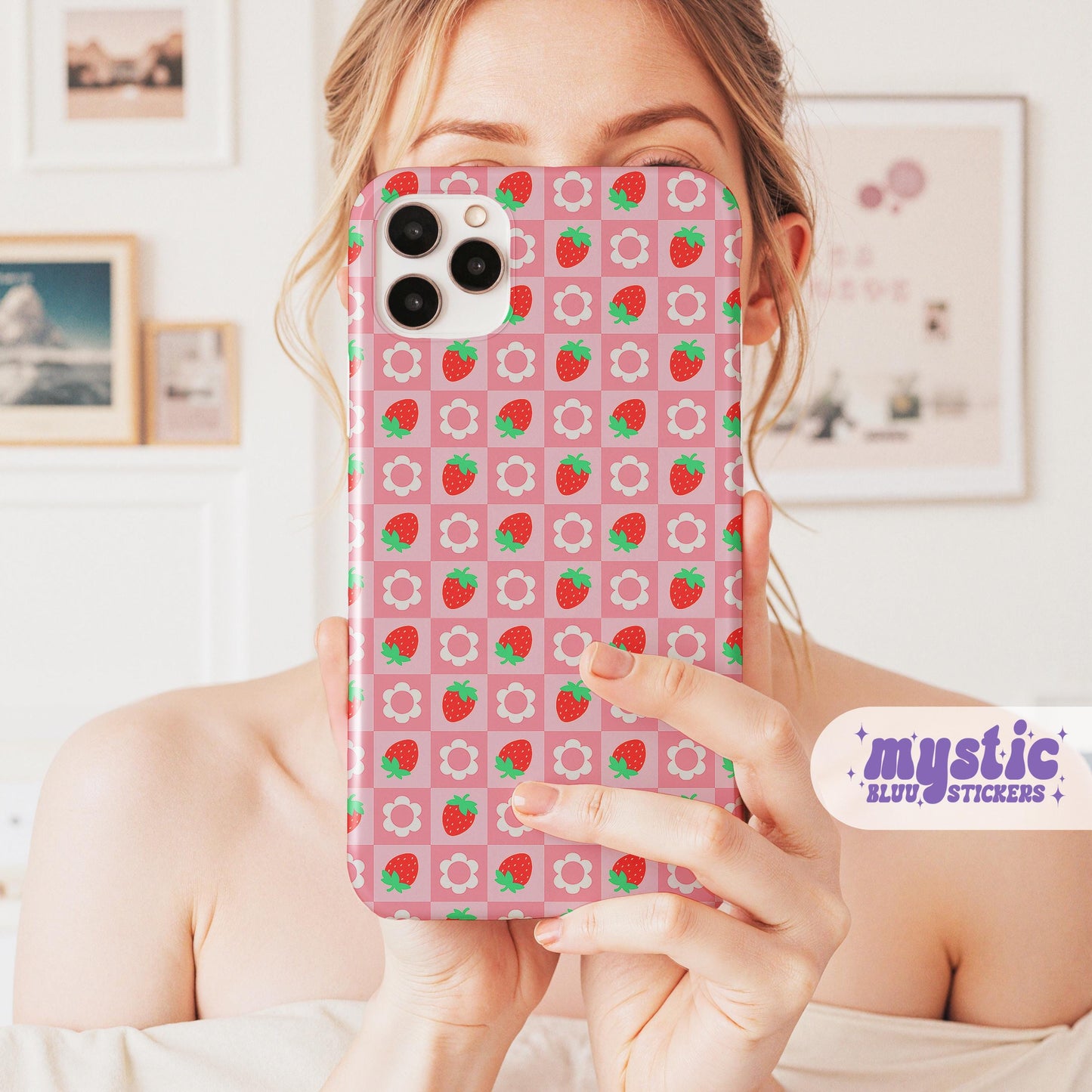 Strawberry Daisy Pink Checkered Phone Case, iPhone Cover