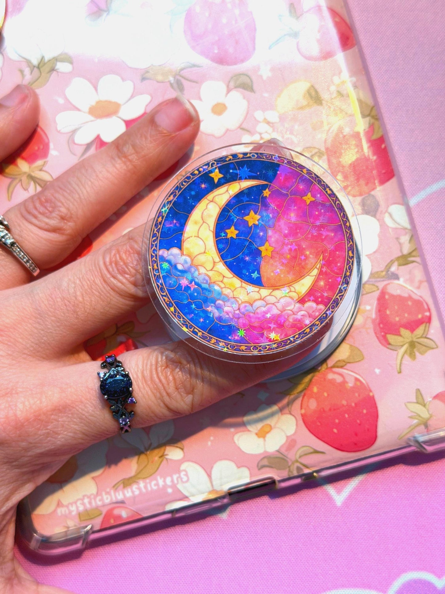 Celestial Moon MagSafe Kindle Grip: Holographic 2D Night Sky Phone Grip