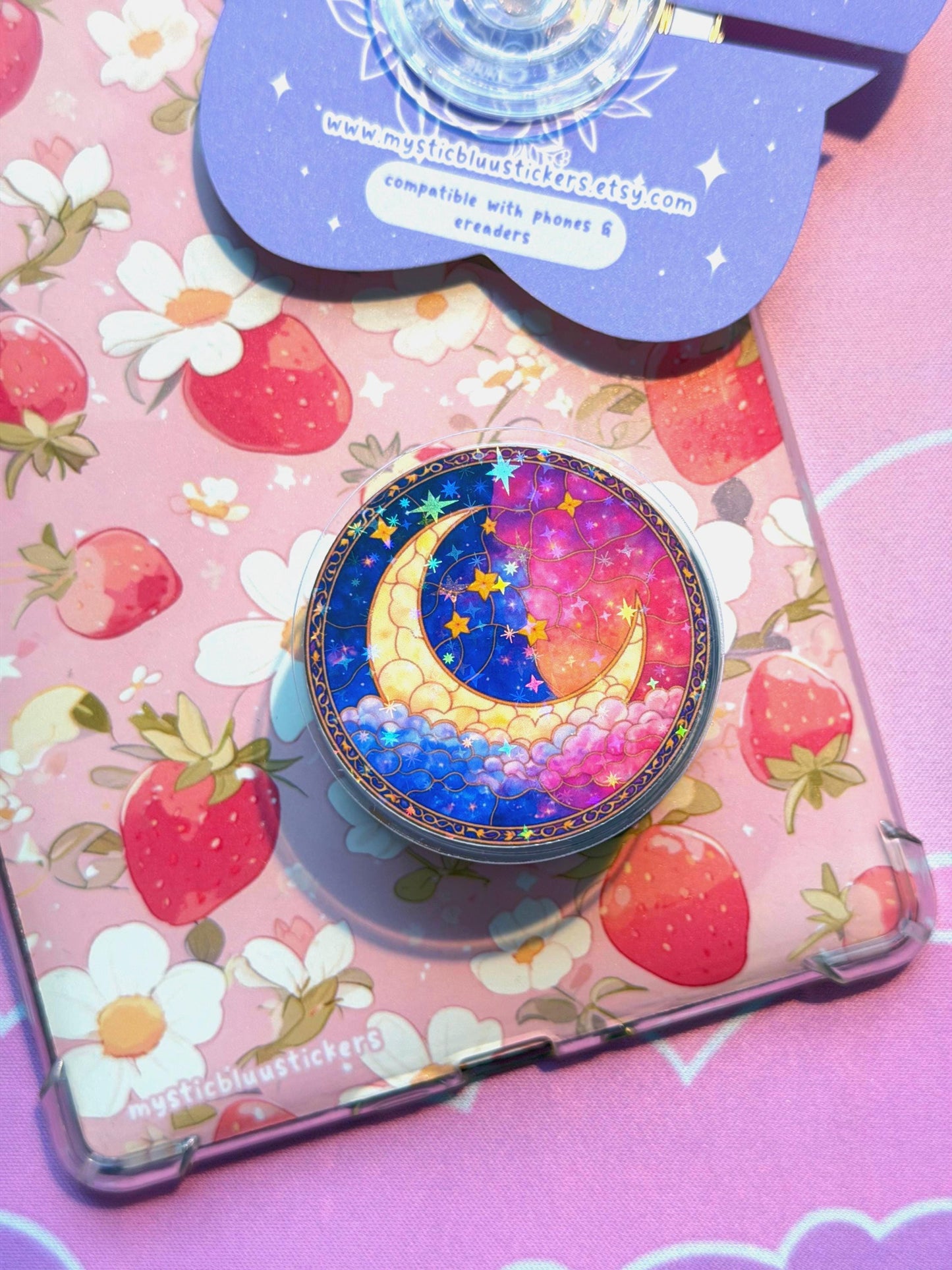 Celestial Moon MagSafe Kindle Grip: Holographic 2D Night Sky Phone Grip