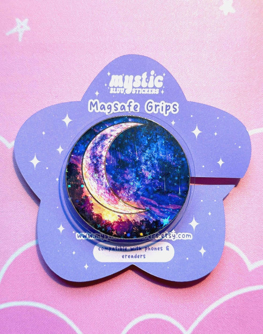Celestial Moon MagSafe Kindle Grip: Holographic 2D Night Sky Phone Grip