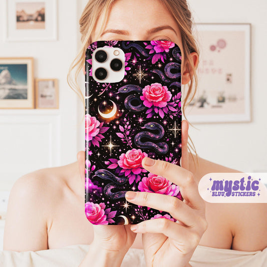 Celestial Moon Phone Case, Rose Snake iPhone Cover iPhone 17 16 15 14 Pro Max Samsung s23 s24 s25