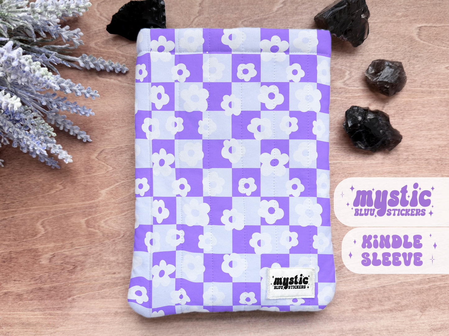 Purple Checkered Kindle Sleeve - Daisy Floral Padded E-Reader & iPad Mini Case