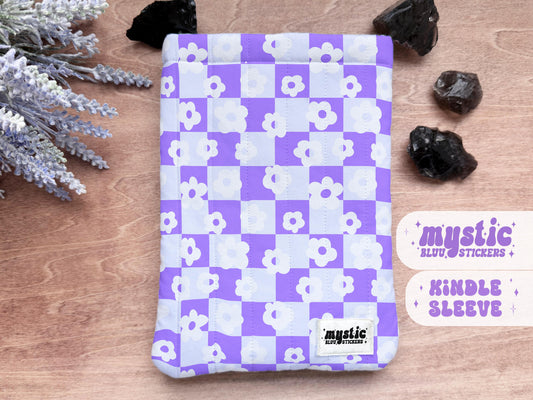 Purple Checkered Kindle Sleeve - Daisy Floral Padded E-Reader & iPad Mini Case