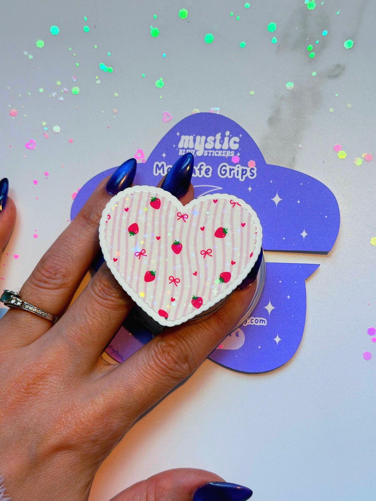 Strawberry Bow Heart MagSafe Phone Grip: Kawaii Holographic Valentines Kindle Grip