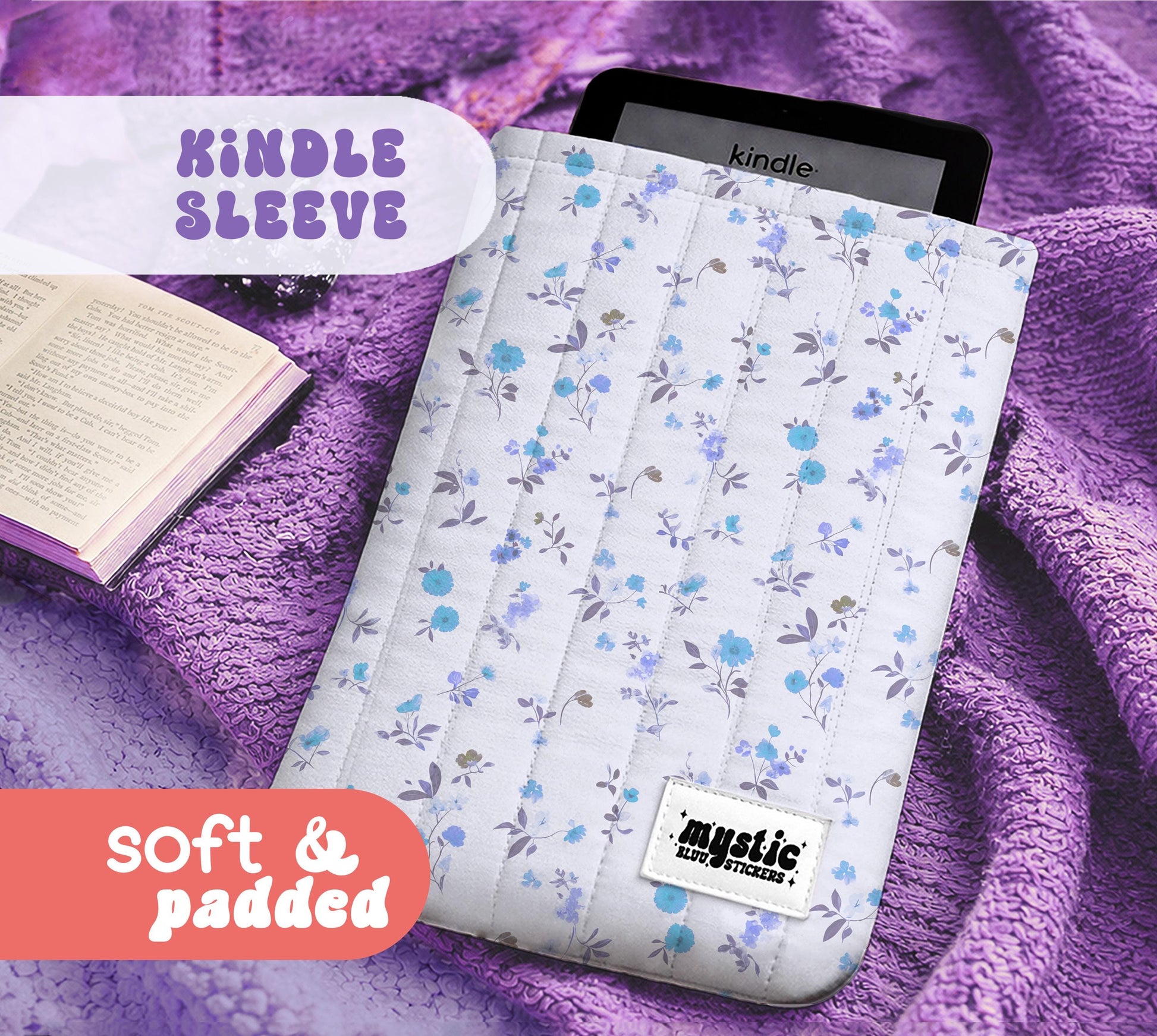 Quilted Kindle Sleeve For Book Lover, Blue Flowers Protective Ereader Case