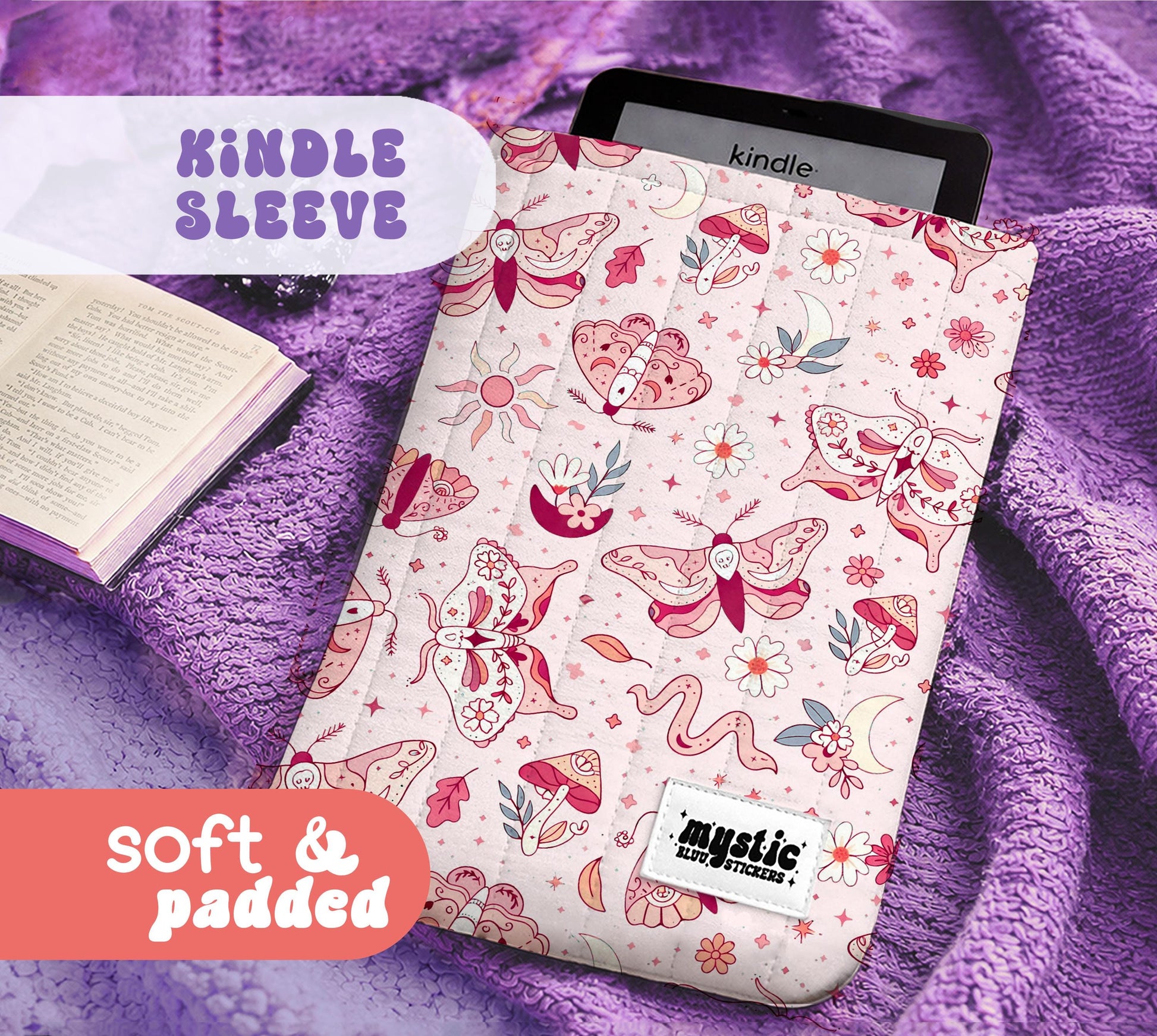 Quilted Kindle Sleeve, Padded E-Reader Case for Travel, Cozy Bookish Gift for Readers | Mysticbluustickers™
