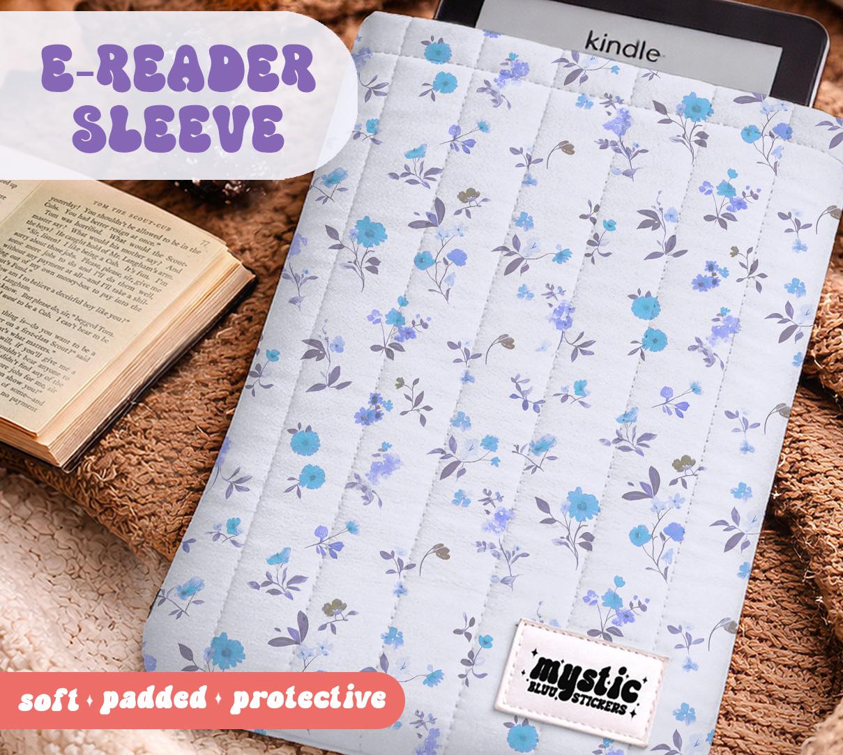 Quilted Kindle Sleeve For Book Lover, Blue Flowers Protective Ereader Case