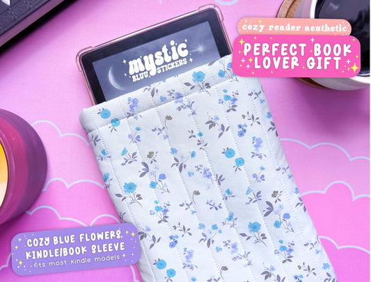 Quilted Kindle Sleeve For Book Lover, Blue Flowers Protective Ereader Case