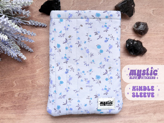 Quilted Kindle Sleeve For Book Lover, Blue Flowers Protective Ereader Case