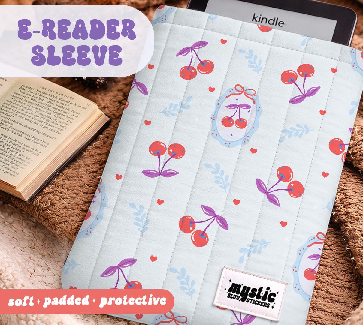 Cherries Kindle Sleeve | Handmade Padded E-Reader Cover | Protection for Kindle, Kobo, Nook & More