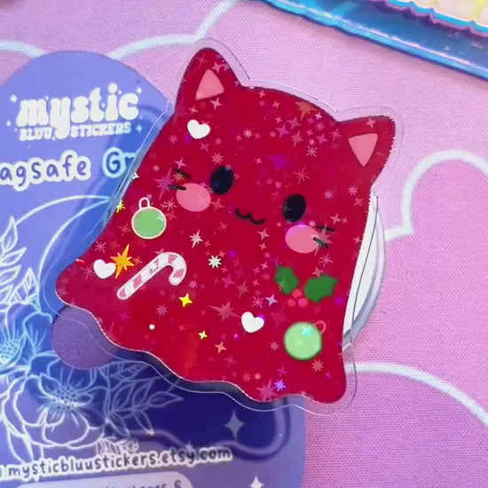 Christmas MagSafe Phone Kindle Grip: Holographic Red Cat Ghost Candy Cane