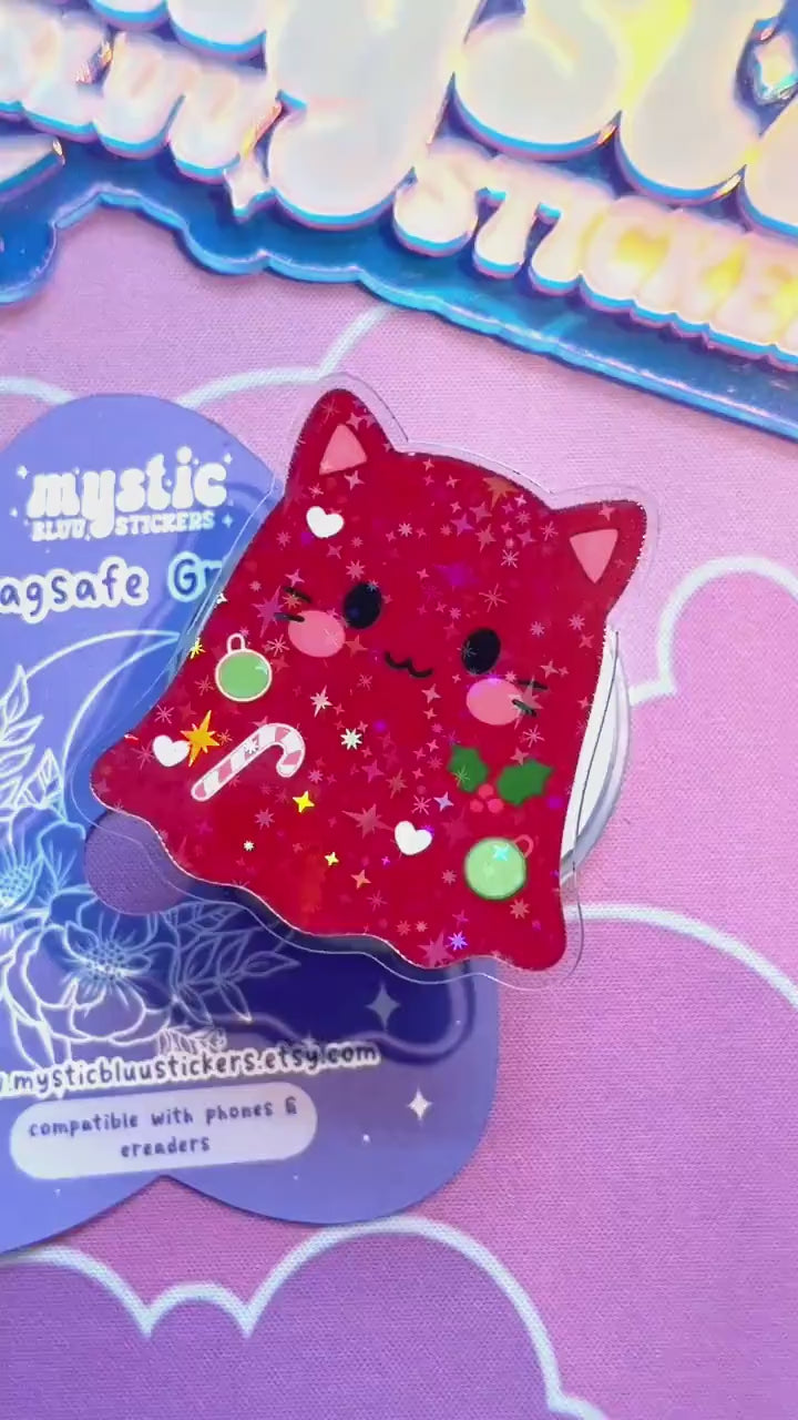 Christmas MagSafe Phone Kindle Grip: Holographic Red Cat Ghost Candy Cane