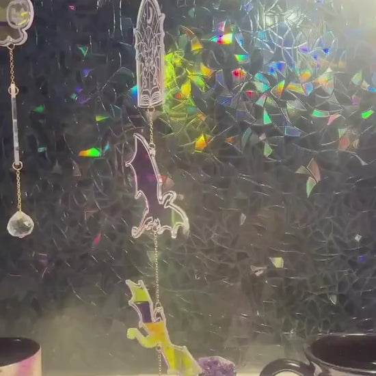 Book Dragon Iridescent Sun Catcher, Fantasy Window Prism Decor, Dark Academia Reading Nook Hanging