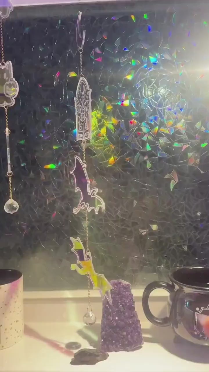 Book Dragon Iridescent Sun Catcher, Fantasy Window Prism Decor, Dark Academia Reading Nook Hanging