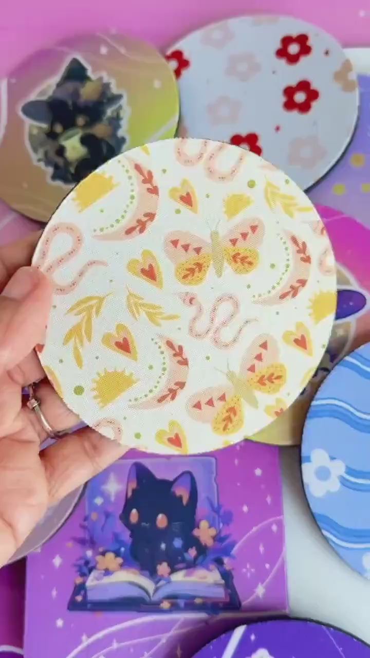 Strawberry Coquette Bow Fabric Coasters: Kawaii Desk Decor, Set of 4